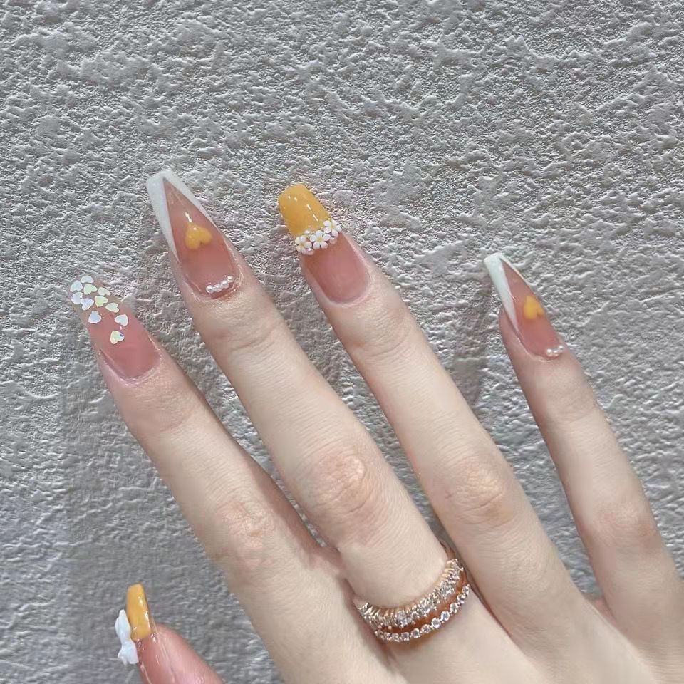 Designer: DuoDuo 1235.Handmade nails Press on Nails DIY Nail Art for woman girl French Long Coffin pink