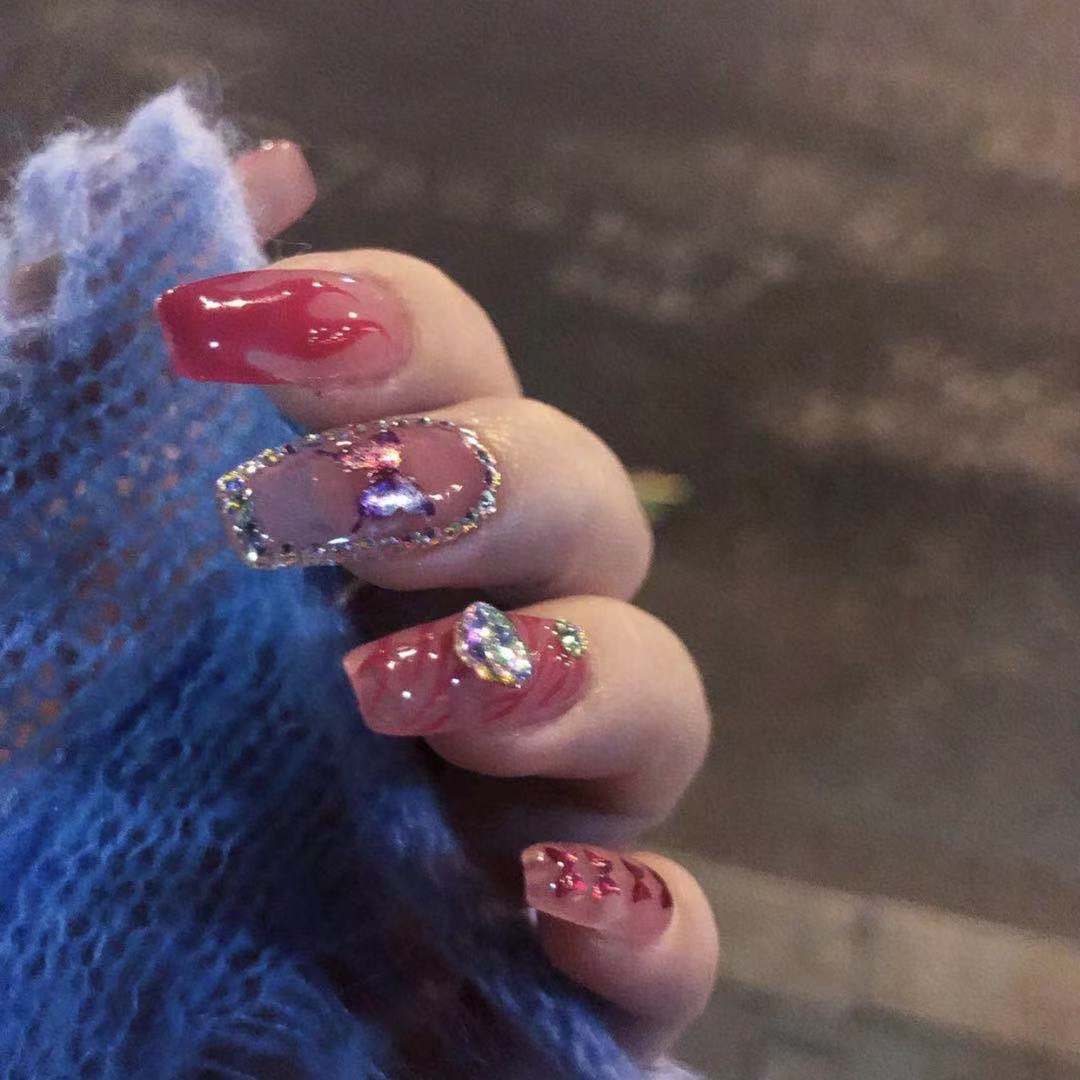 Designer: DuoDuo 2007.Handmade nails Press on Nails DIY Nail Art for woman girl Long Coffin pink Cartoon