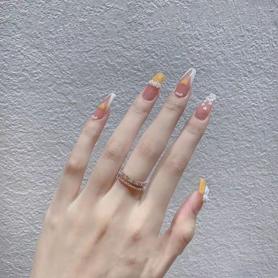 Designer: DuoDuo 1235.Handmade nails Press on Nails DIY Nail Art for woman girl French Long Coffin pink