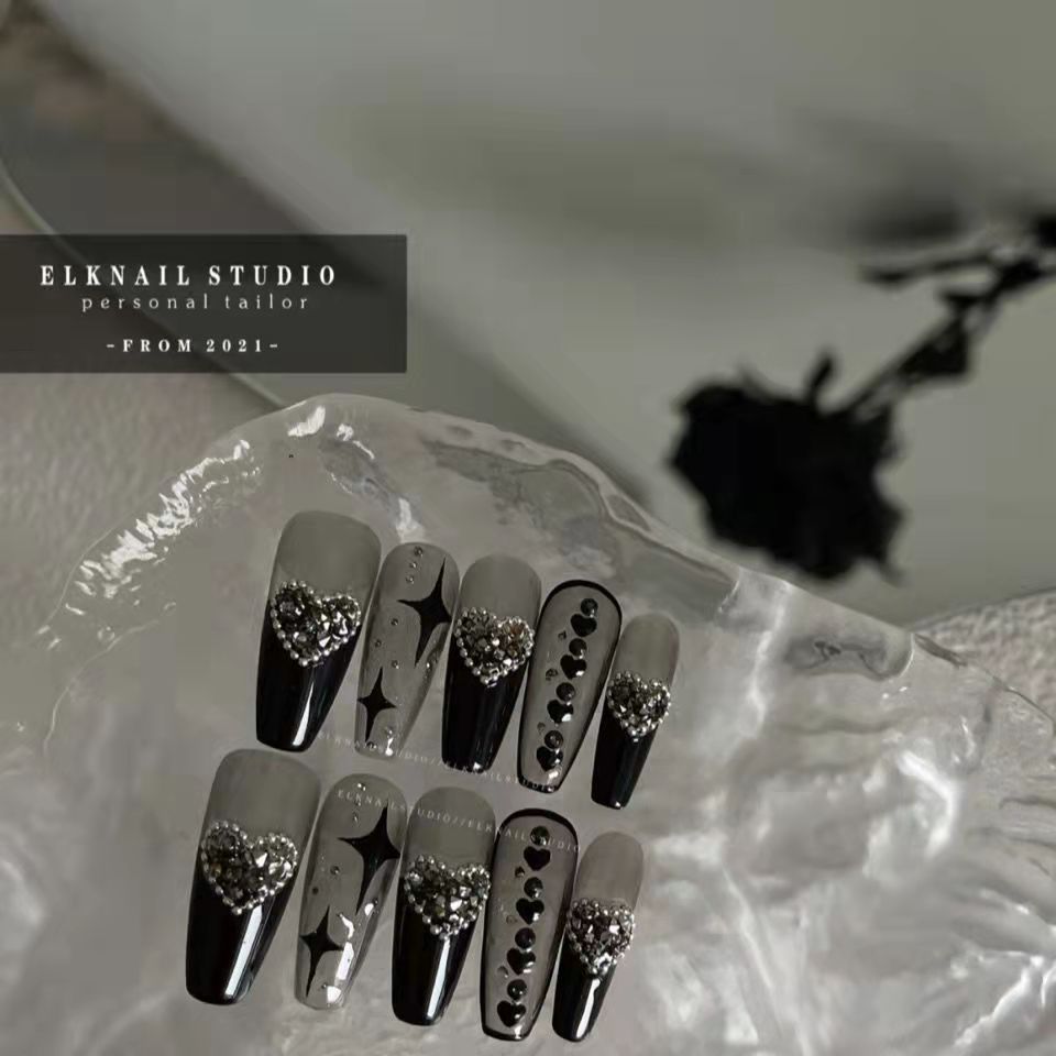 Designer: DuoDuo 1227.Handmade nails Press on Nails DIY Nail Art for woman girl Almond Long black