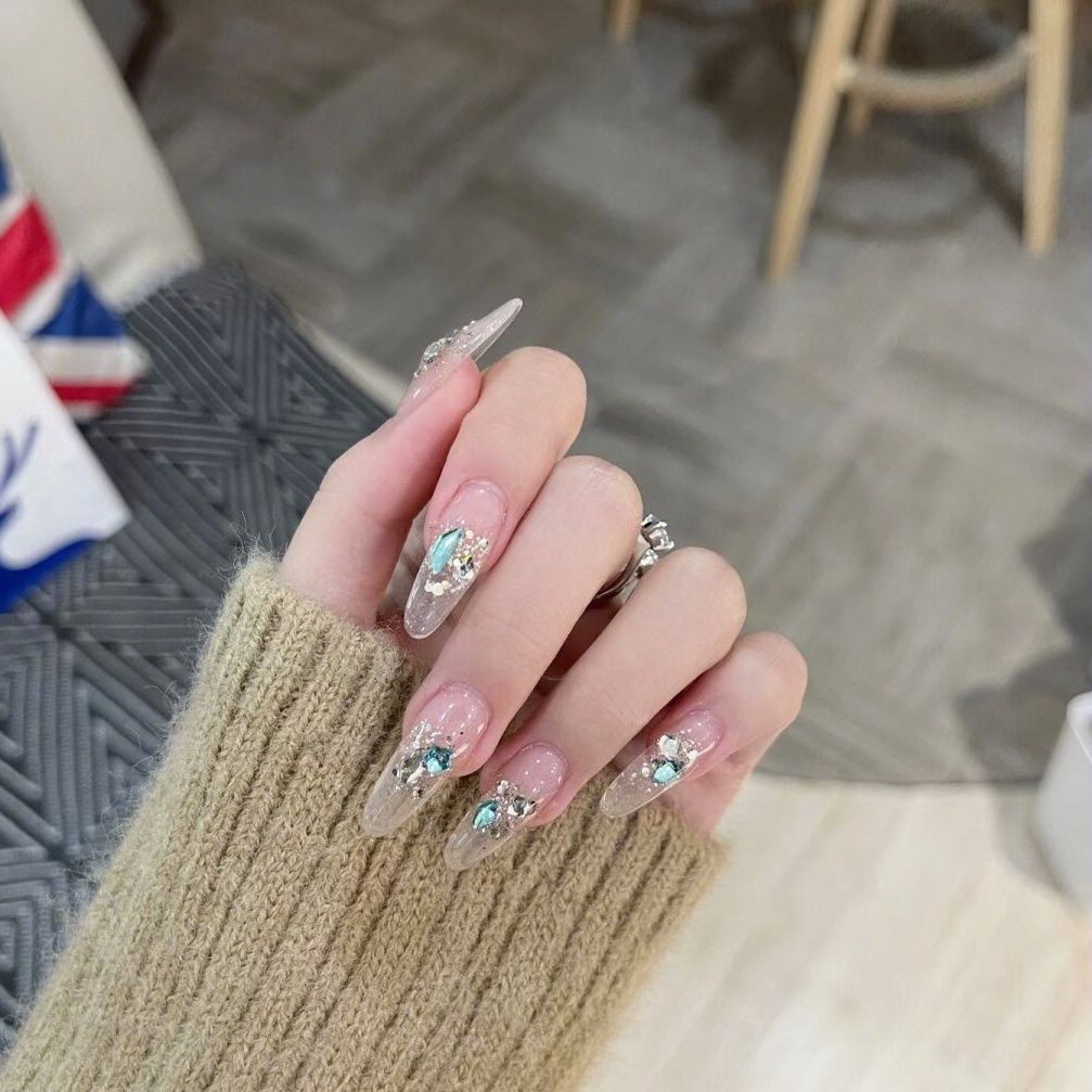 Designer: DuoDuo 2032.Handmade nails Press on Nails DIY Nail Art for woman girl Almond Long  pink rhinestone