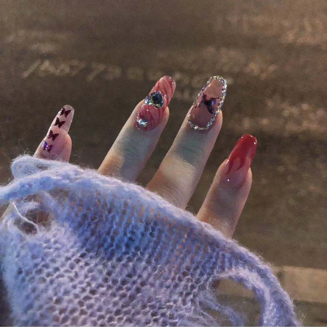 Designer: DuoDuo 2007.Handmade nails Press on Nails DIY Nail Art for woman girl Long Coffin pink Cartoon