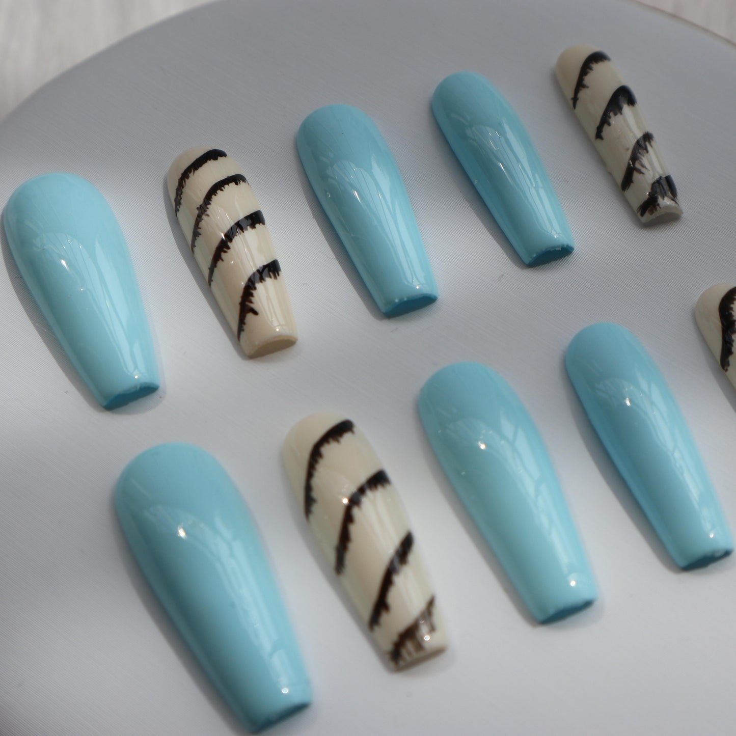 Designer: XinXin 79.Blue long T handmade nails Press on Nails DIY Nail