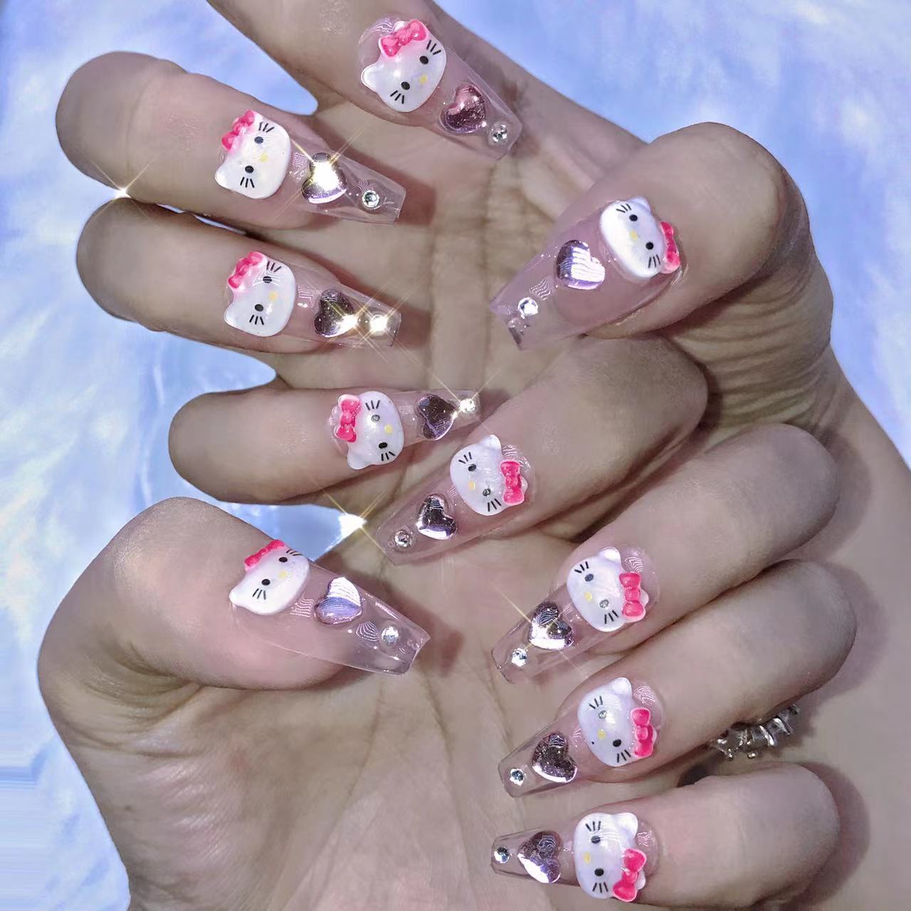 Designer: XinXin 95-96.Pink Kitty Cutehandmade nails Press on Nails DIY Nail Art