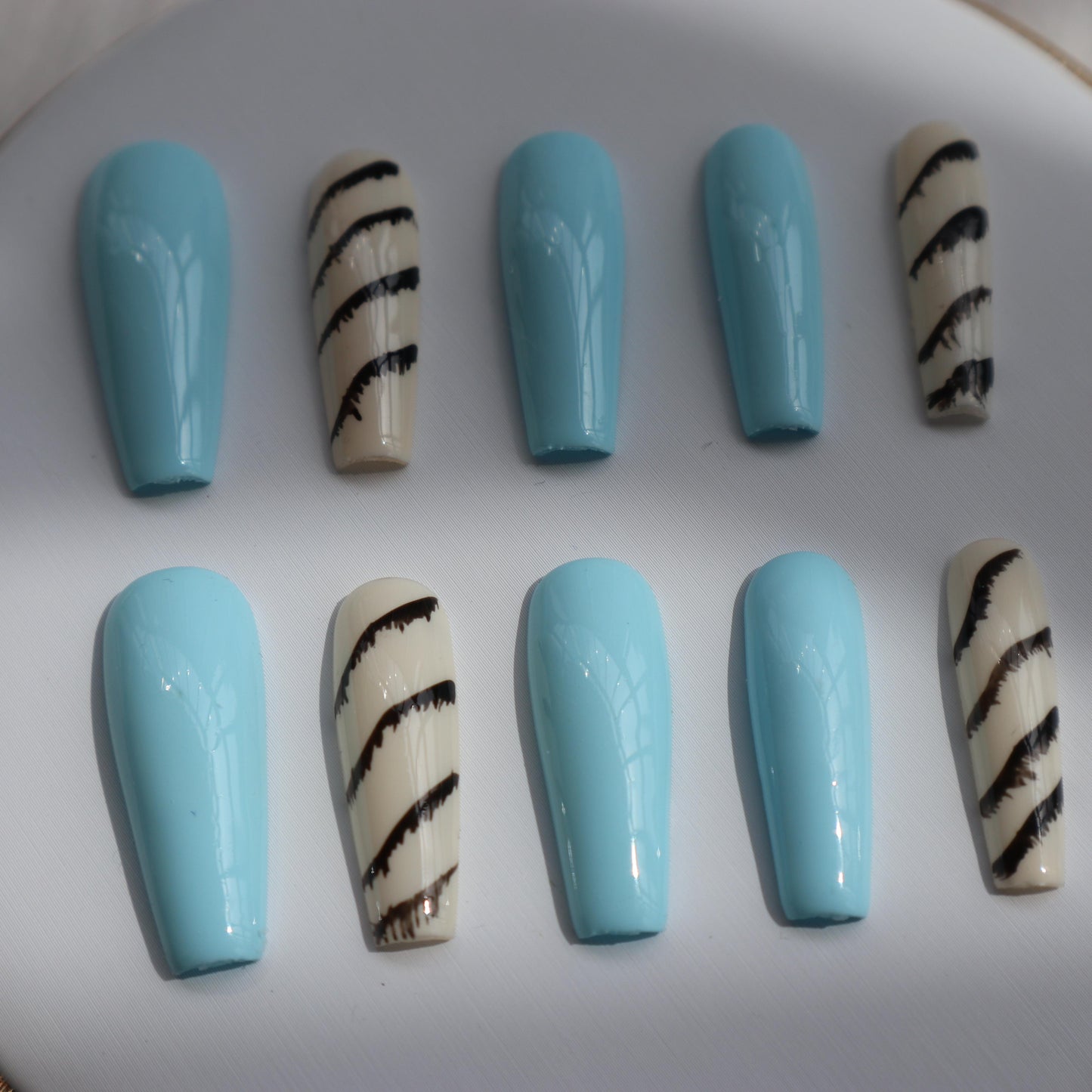 Designer: XinXin 79.Blue long T handmade nails Press on Nails DIY Nail