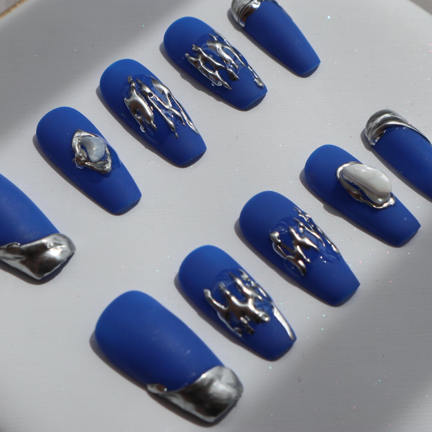 Designer: XinXin 17. Klein blue matt stone Long T  handmade nails Press on Nails DIY Nail Art