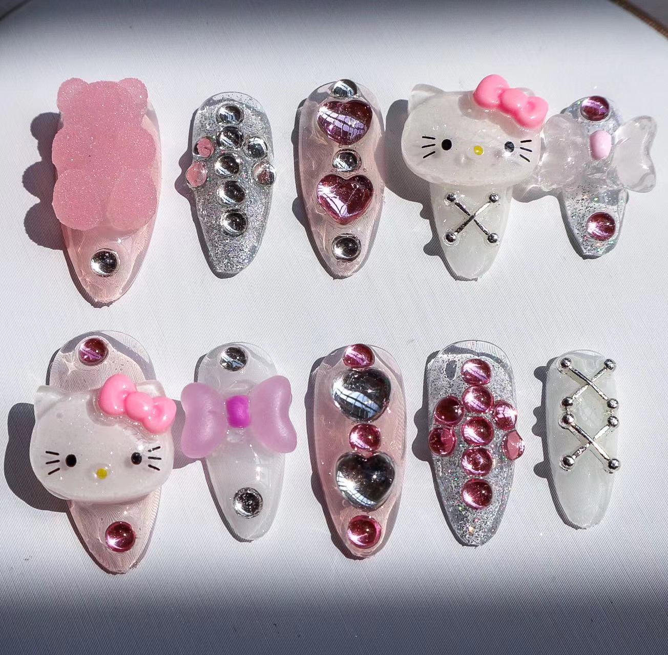 Designer: XinXin 95-96.Pink Kitty Cutehandmade nails Press on Nails DIY Nail Art