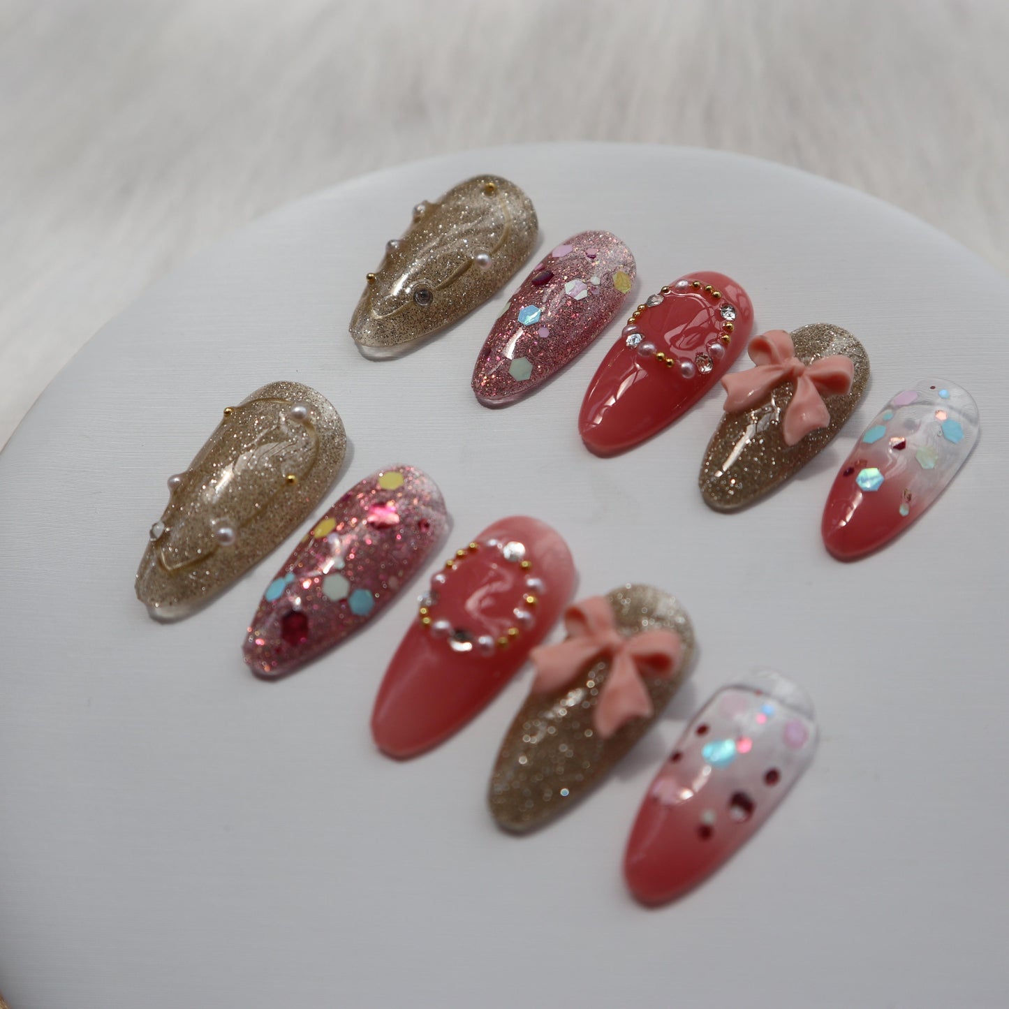 Designer: XinXin 39.Pink golden bow-knot shining handmade nails Press on Nails DIY Nail Art