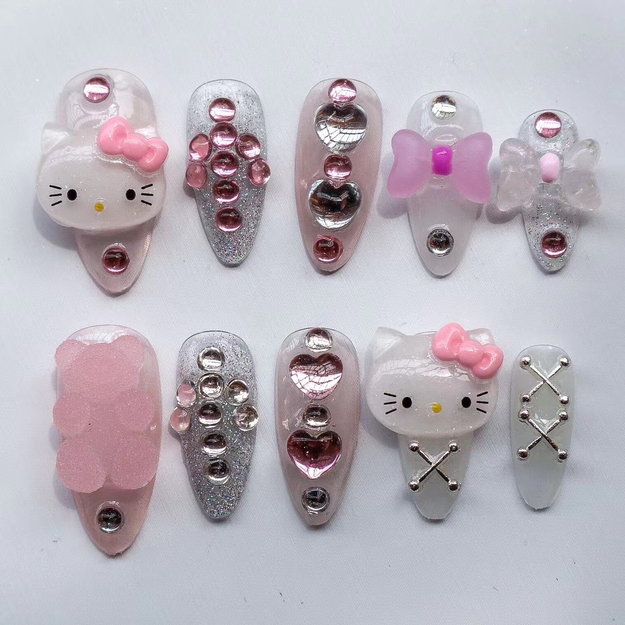Designer: XinXin 95-96.Pink Kitty Cutehandmade nails Press on Nails DIY Nail Art