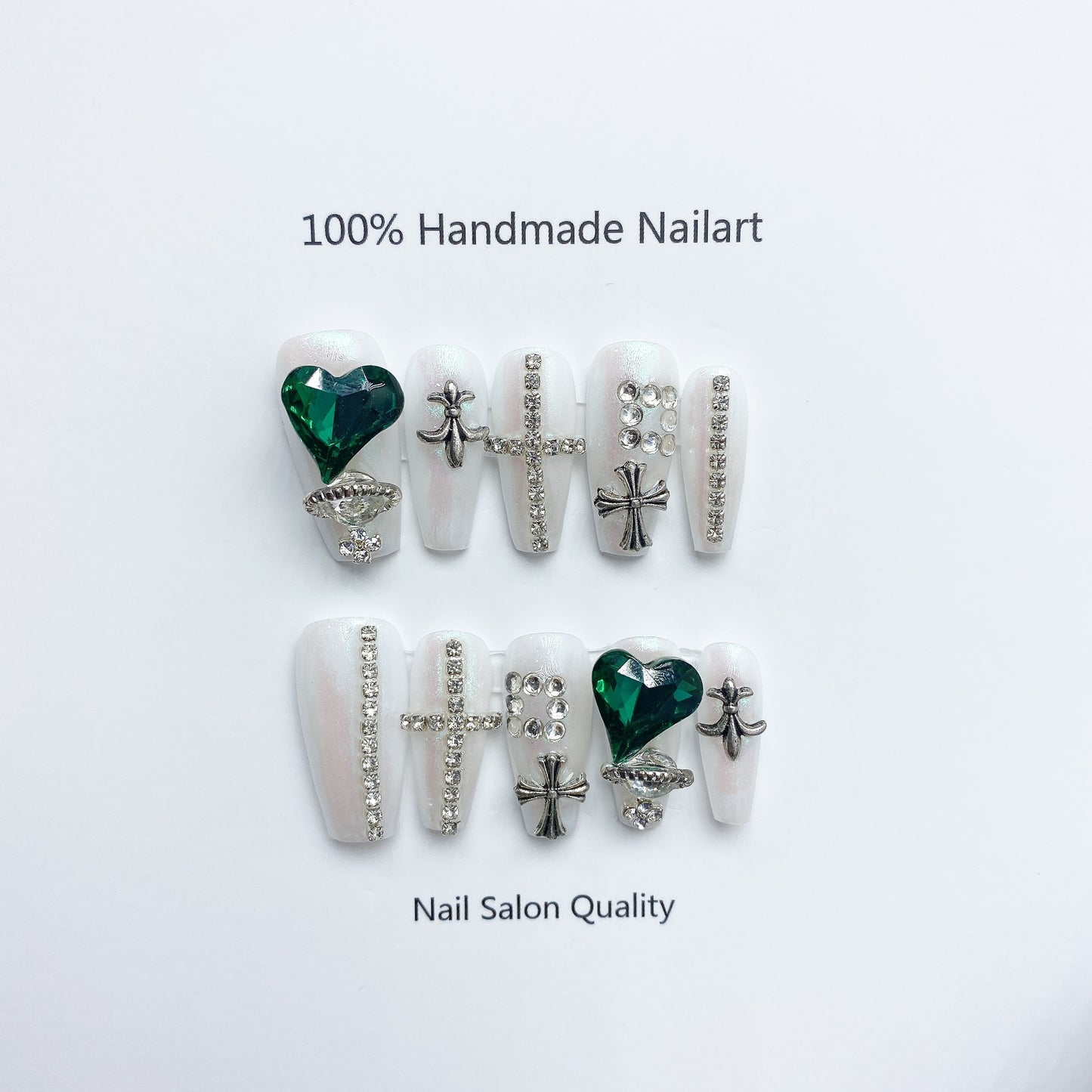 Handmade nails Press on nails DIY Nail Art for woman girl nail design Long Coffin Green Heart Diamond 2023