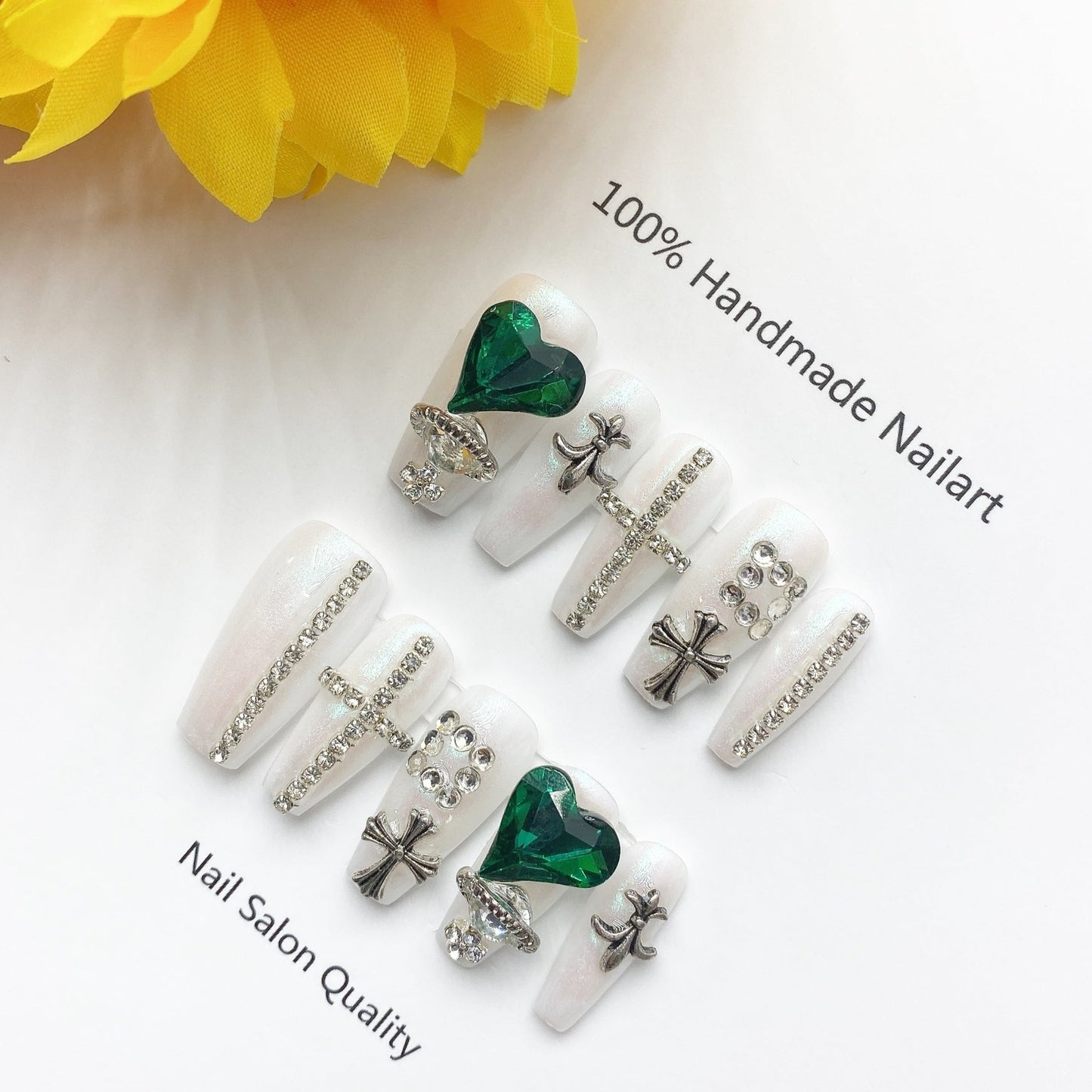 Handmade nails Press on nails DIY Nail Art for woman girl nail design Long Coffin Green Heart Diamond 2023