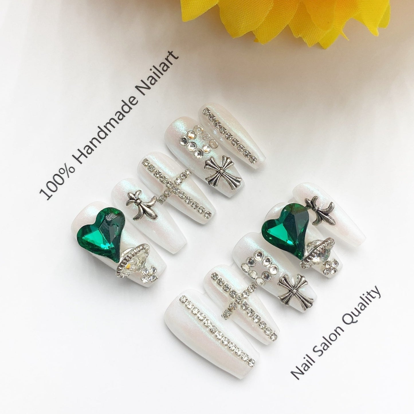 Handmade nails Press on nails DIY Nail Art for woman girl nail design Long Coffin Green Heart Diamond 2023