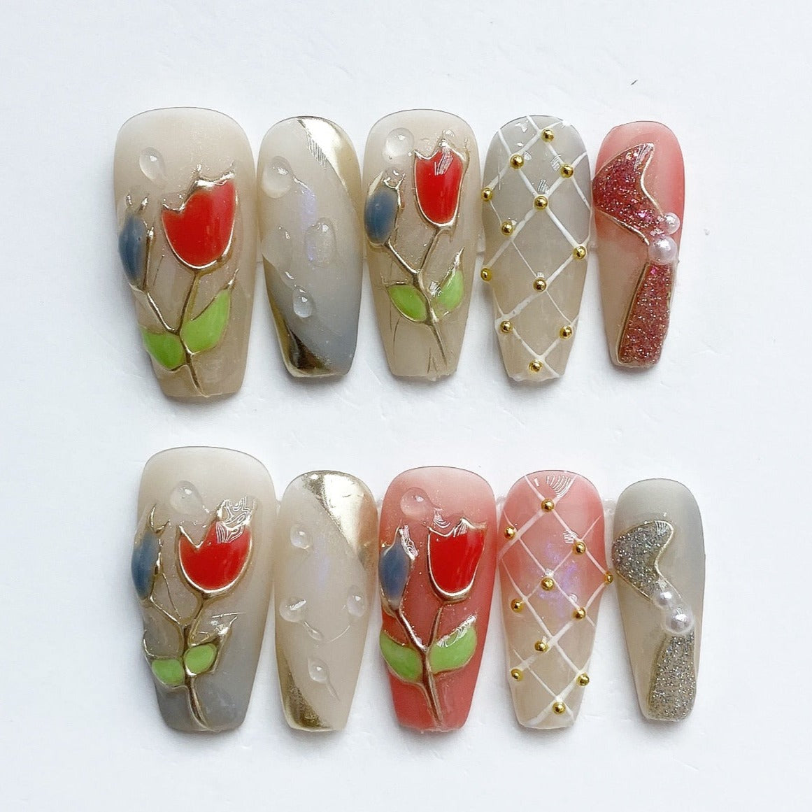 Handmade Nails Press on Nails DIY Nail Art for Woman Girl Nail Design Long Coffin Tulip 2023