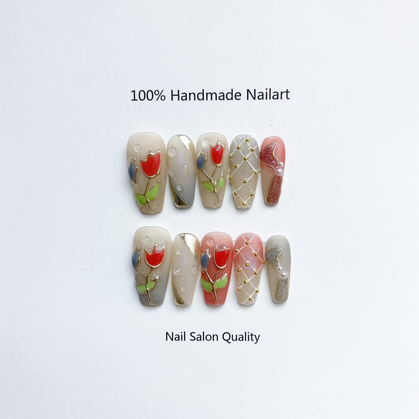 Handmade Nails Press on Nails DIY Nail Art for Woman Girl Nail Design Long Coffin Tulip 2023