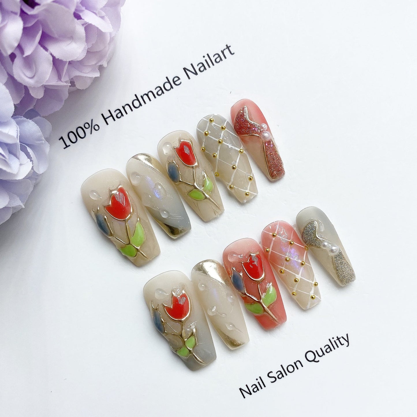 Handmade Nails Press on Nails DIY Nail Art for Woman Girl Nail Design Long Coffin Tulip 2023