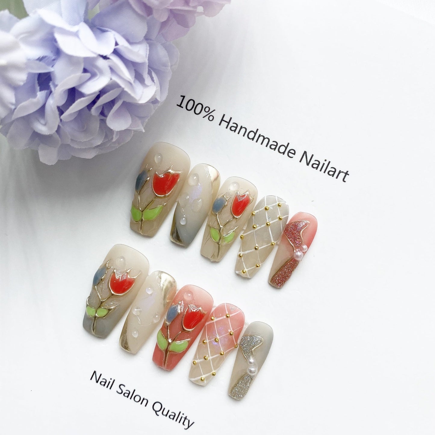 Handmade Nails Press on Nails DIY Nail Art for Woman Girl Nail Design Long Coffin Tulip 2023