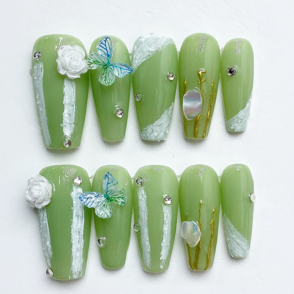 Handmade Nails Press on Nails DIY Nail Art for Woman Girl Nail Design Long Coffin Light Green 2023