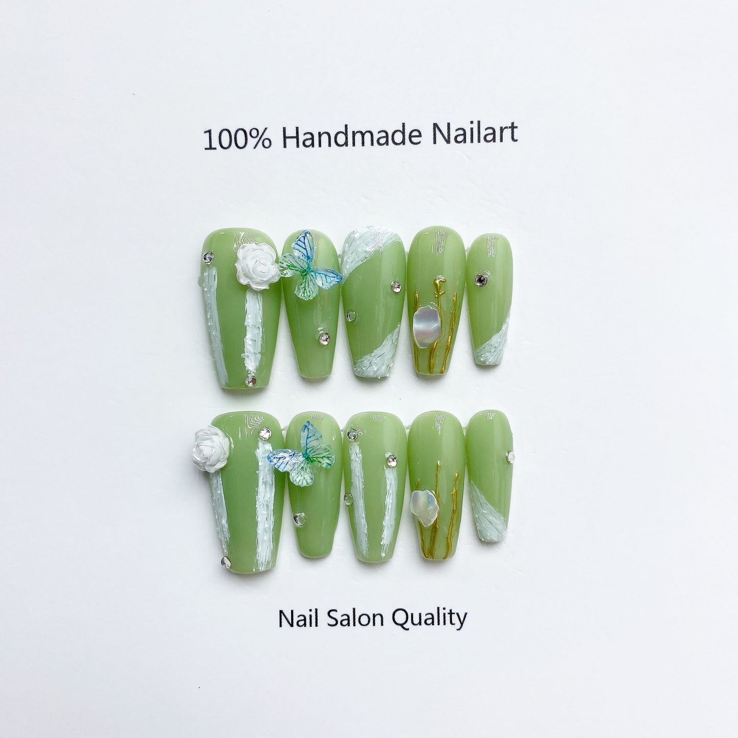 Handmade Nails Press on Nails DIY Nail Art for Woman Girl Nail Design Long Coffin Light Green 2023