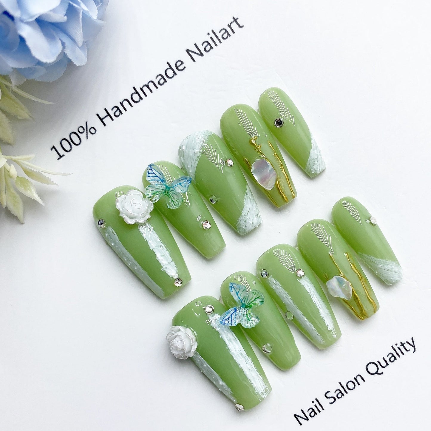 Handmade Nails Press on Nails DIY Nail Art for Woman Girl Nail Design Long Coffin Light Green 2023