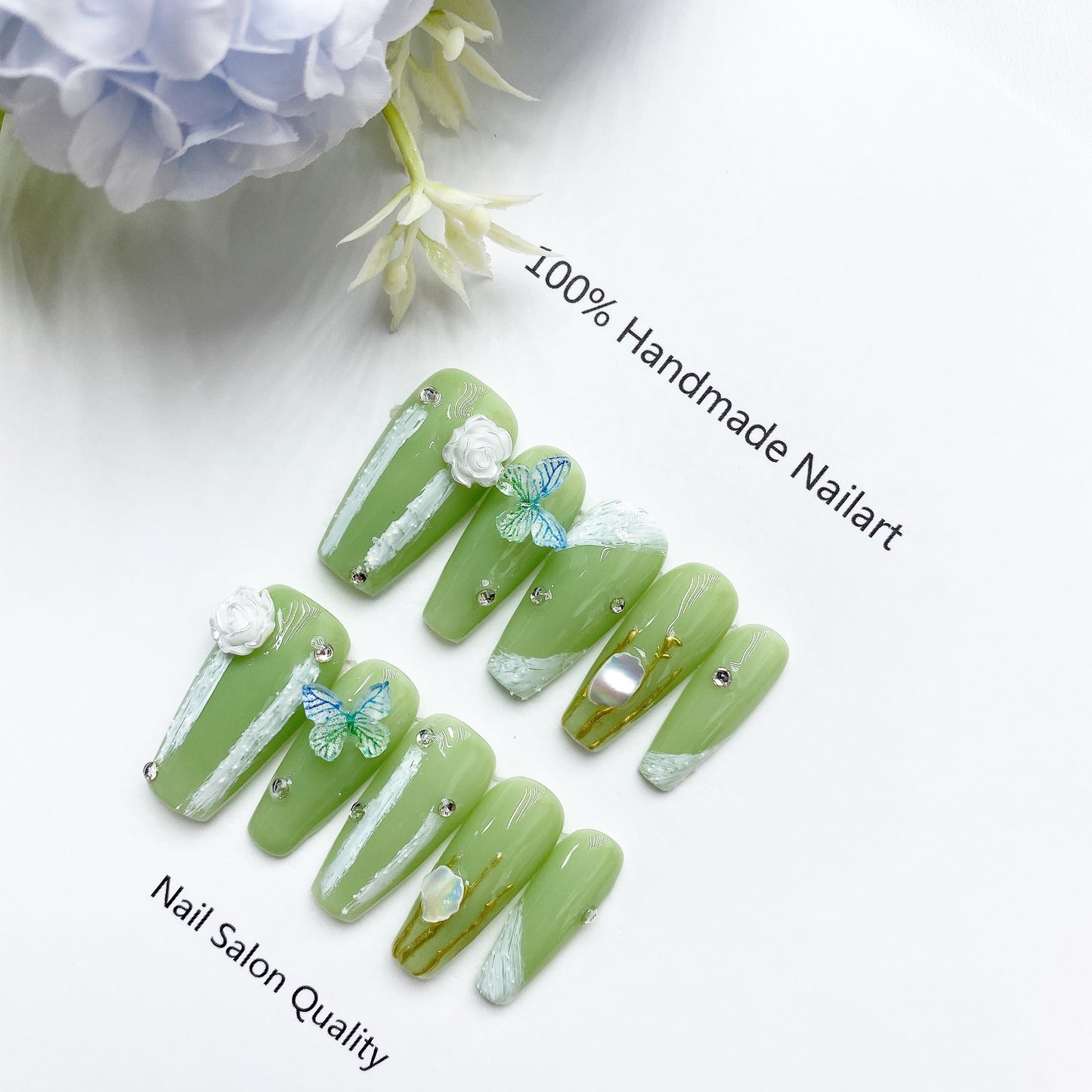 Handmade Nails Press on Nails DIY Nail Art for Woman Girl Nail Design Long Coffin Light Green 2023