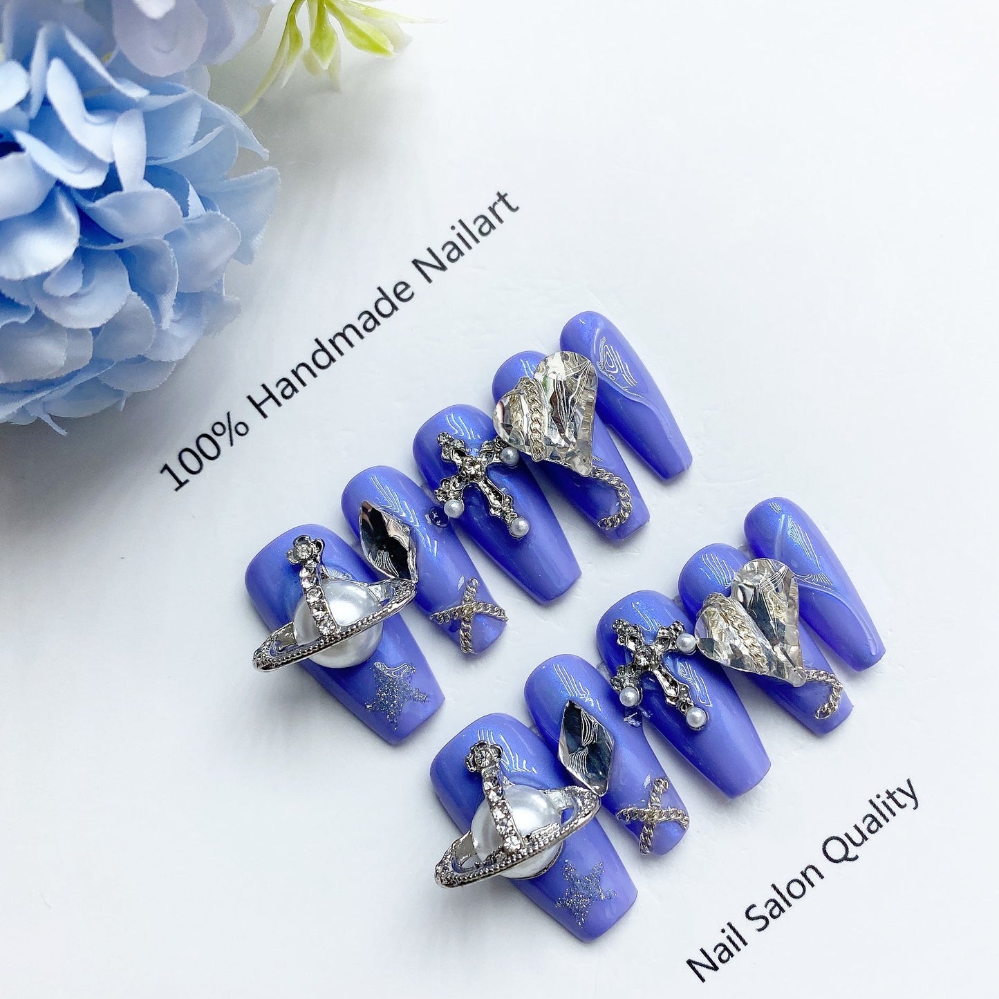 Handmade Nails Press on Nails DIY Nail Art for Woman Girl Nail Design Long Coffin Blue 2023