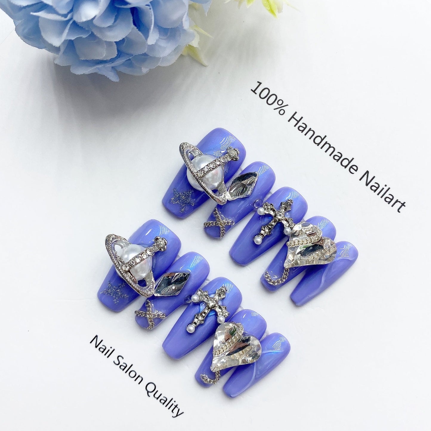 Handmade Nails Press on Nails DIY Nail Art for Woman Girl Nail Design Long Coffin Blue 2023