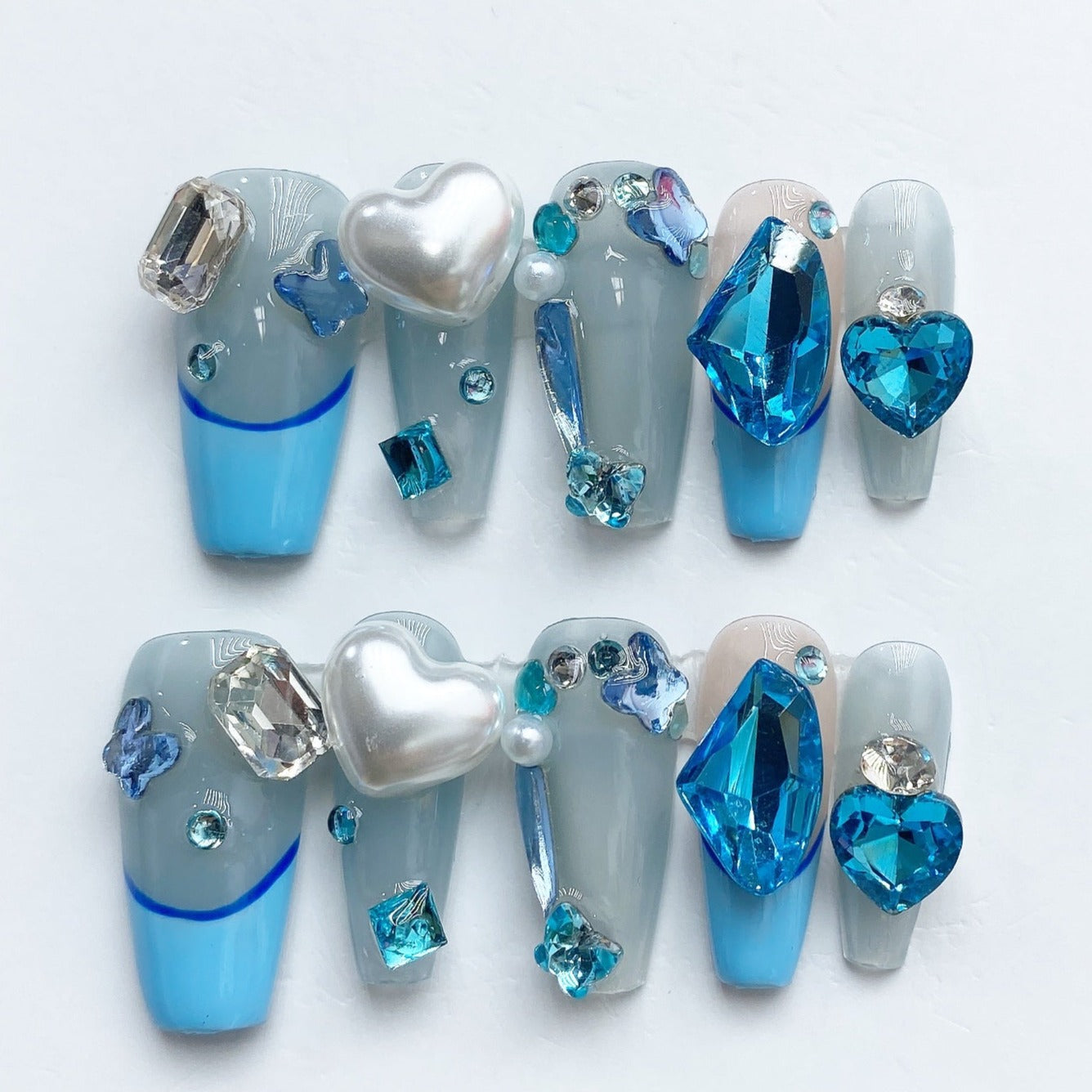 Handmade Nails Press on Nails DIY Nail Art for Woman Girl Nail Design Long Coffin Blue 2023