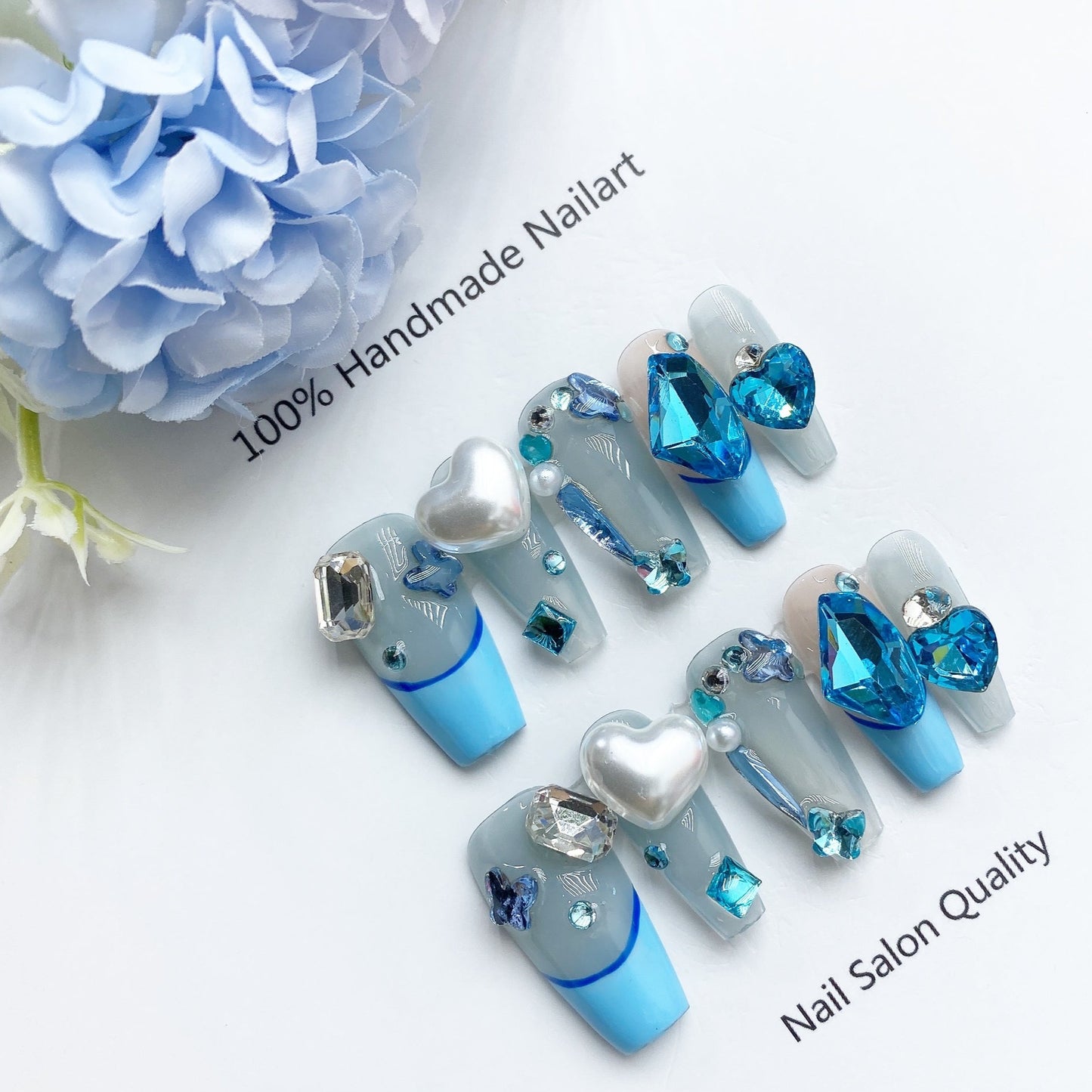 Handmade Nails Press on Nails DIY Nail Art for Woman Girl Nail Design Long Coffin Blue 2023