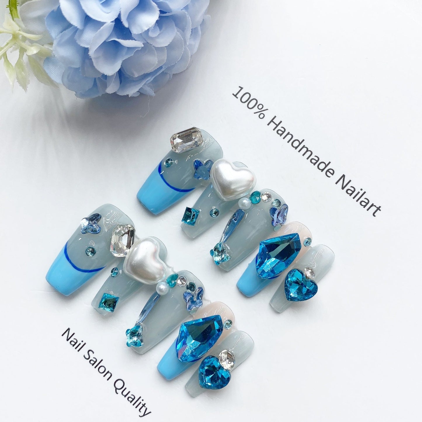 Handmade Nails Press on Nails DIY Nail Art for Woman Girl Nail Design Long Coffin Blue 2023