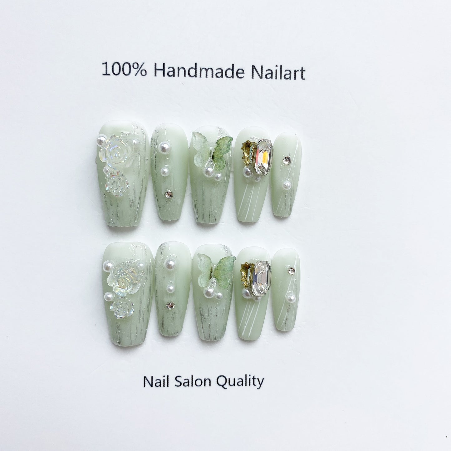 Handmade Nails Press on Nails DIY Nail Art for Woman Girl Nail Design Long Coffin Light Green 2023