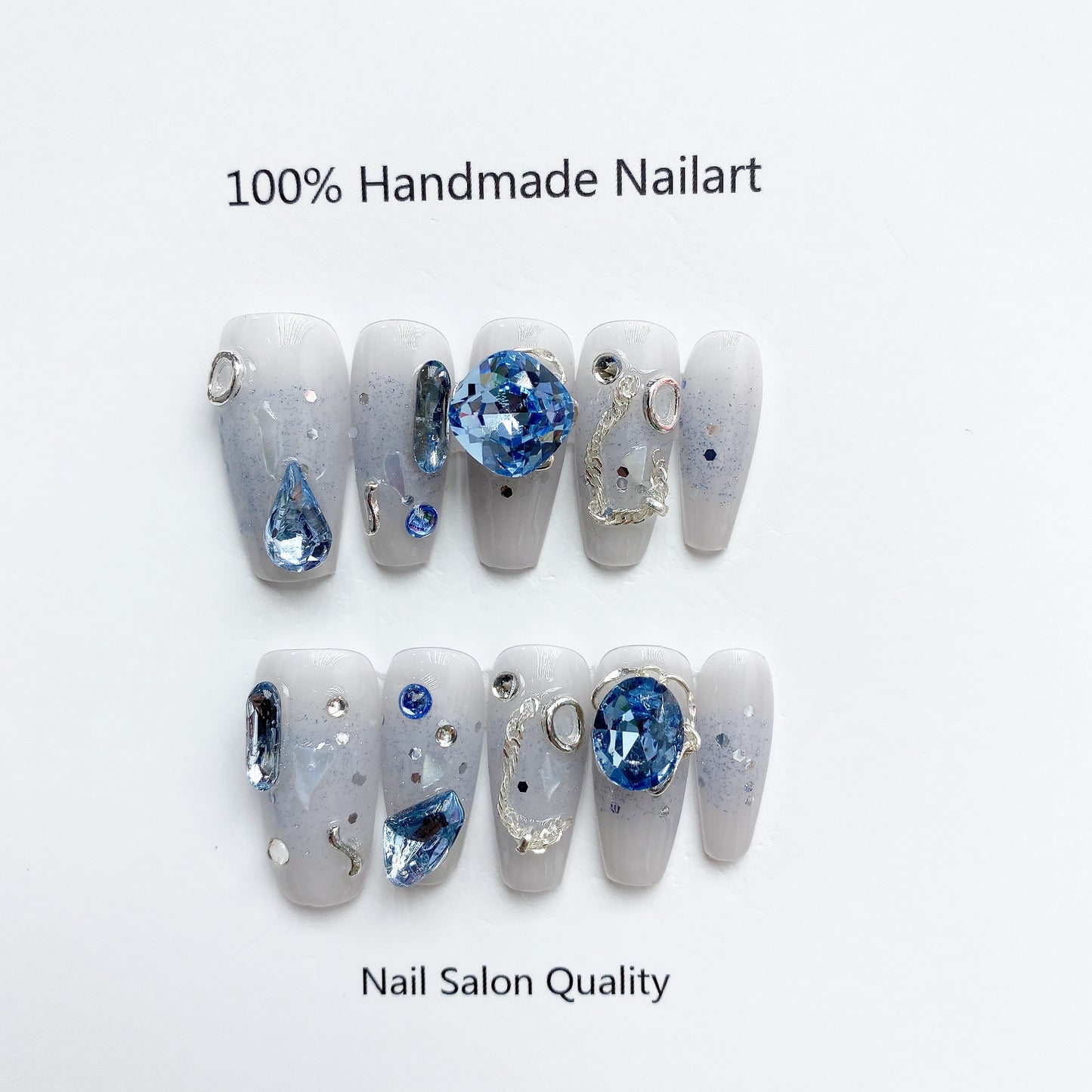 Handmade Nails Press on Nails DIY Nail Art for Woman Girl Nail Design Long Coffin Blue 2023