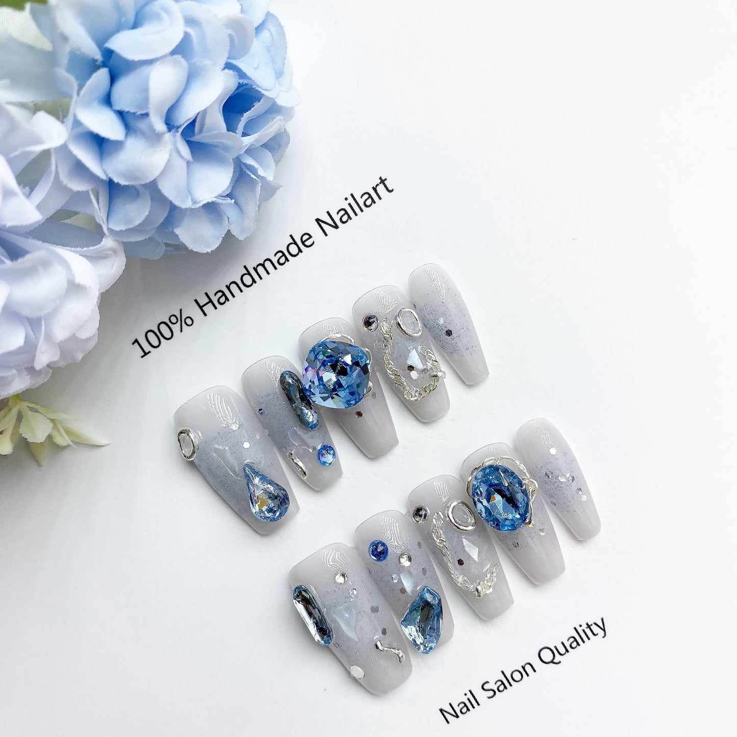 Handmade Nails Press on Nails DIY Nail Art for Woman Girl Nail Design Long Coffin Blue 2023