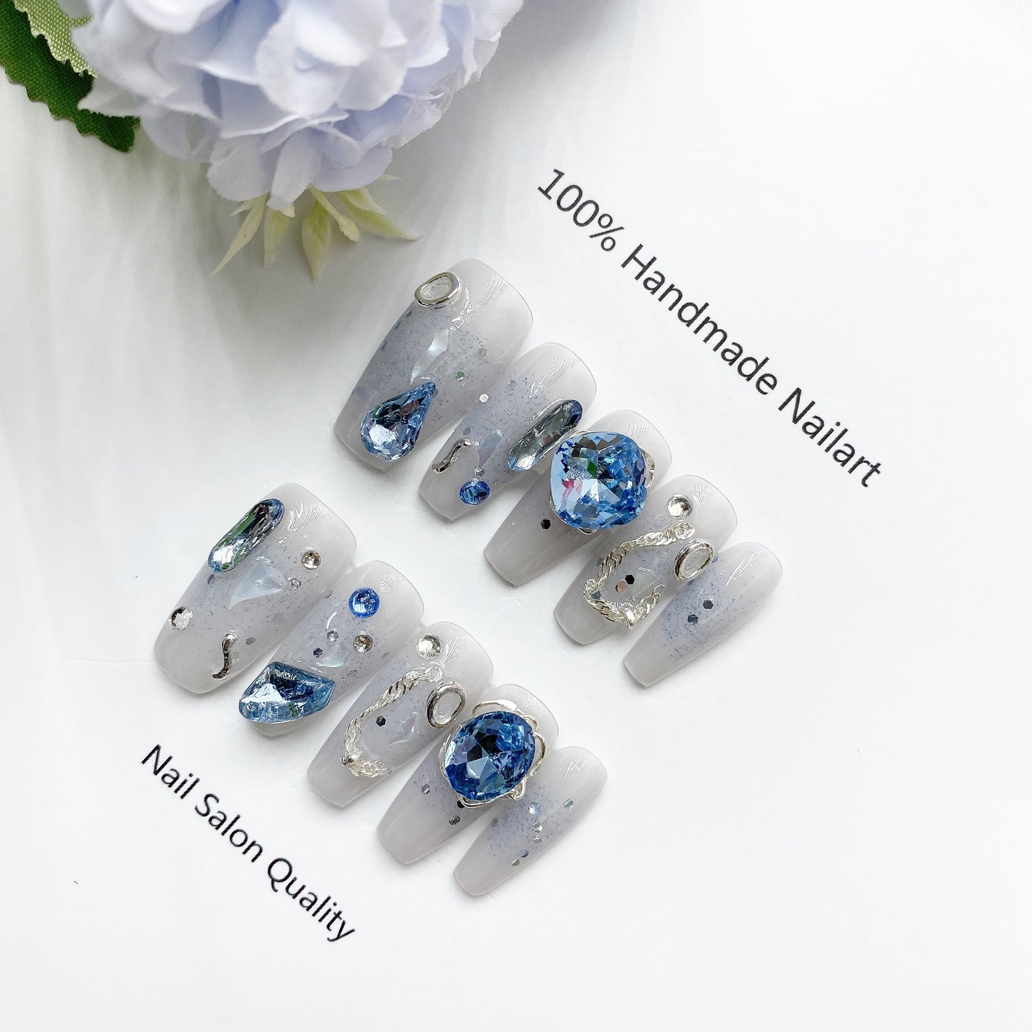 Handmade Nails Press on Nails DIY Nail Art for Woman Girl Nail Design Long Coffin Blue 2023