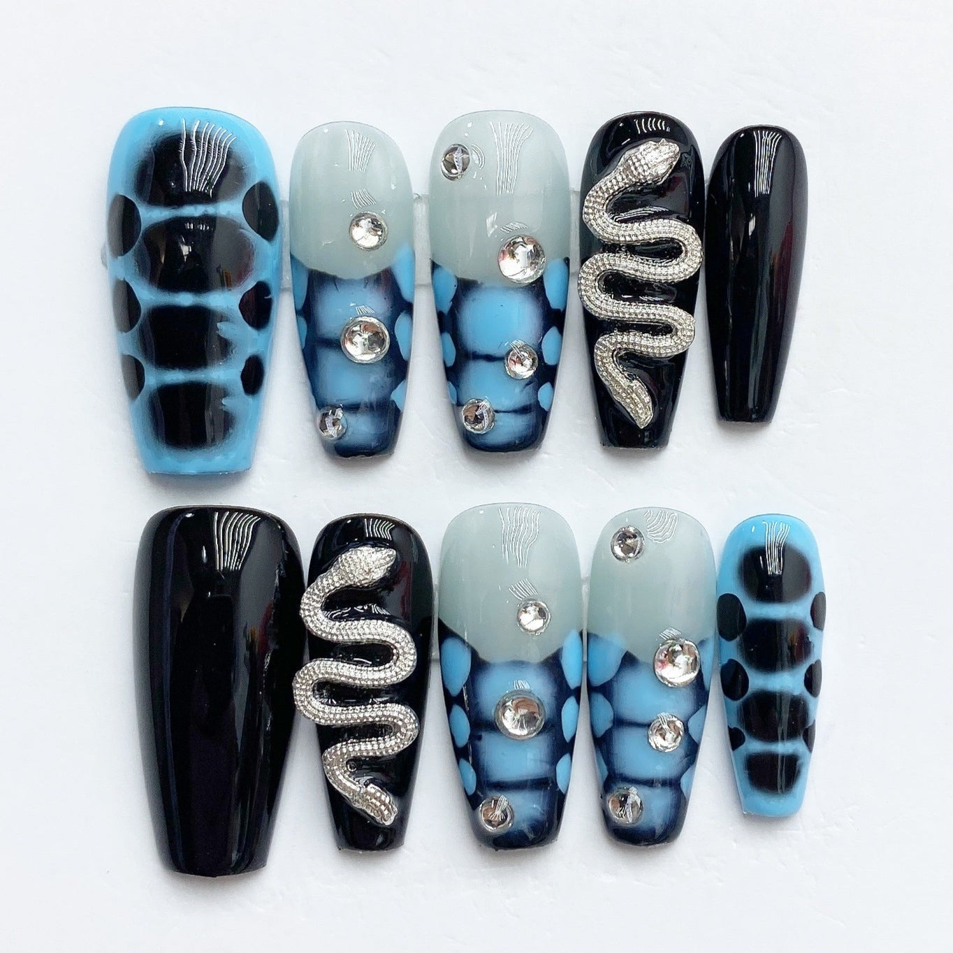 Handmade Nails Press on Nails DIY Nail Art for Woman Girl Nail Design Long Coffin Blue 2023