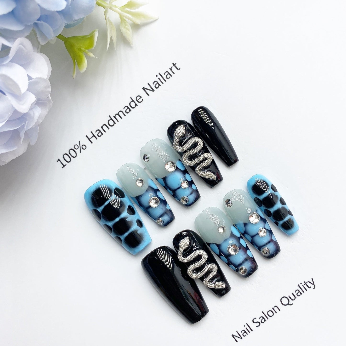 Handmade Nails Press on Nails DIY Nail Art for Woman Girl Nail Design Long Coffin Blue 2023