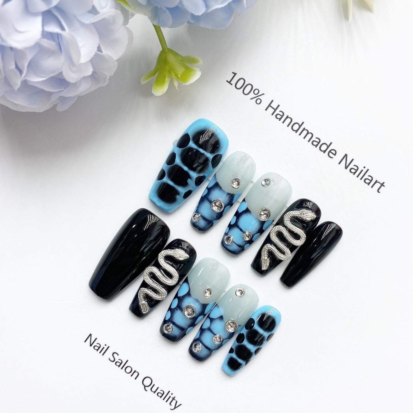 Handmade Nails Press on Nails DIY Nail Art for Woman Girl Nail Design Long Coffin Blue 2023