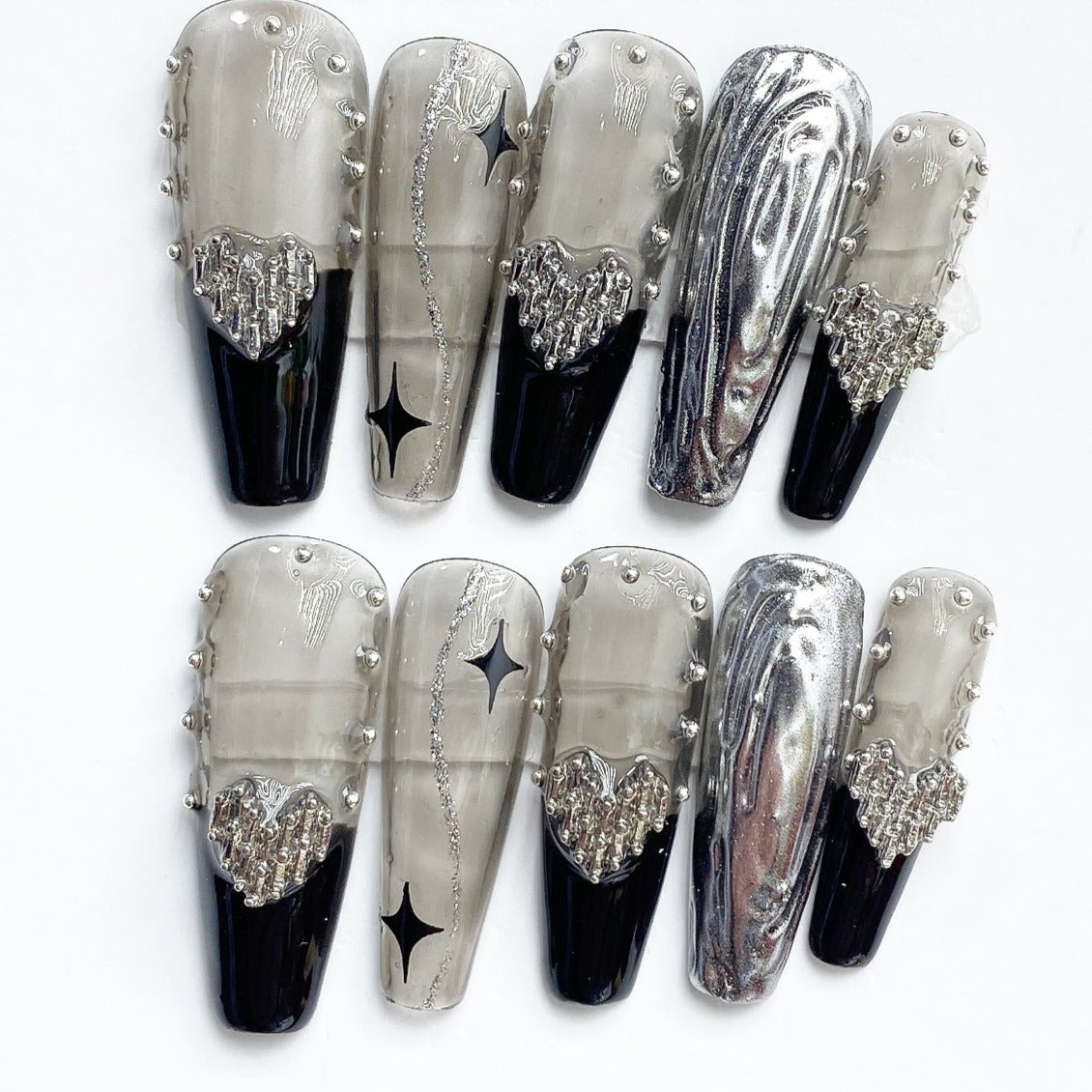 Handmade Nails Press on Nails DIY Nail Art for Woman Girl Nail Design Long Coffin Transparent Black 2023
