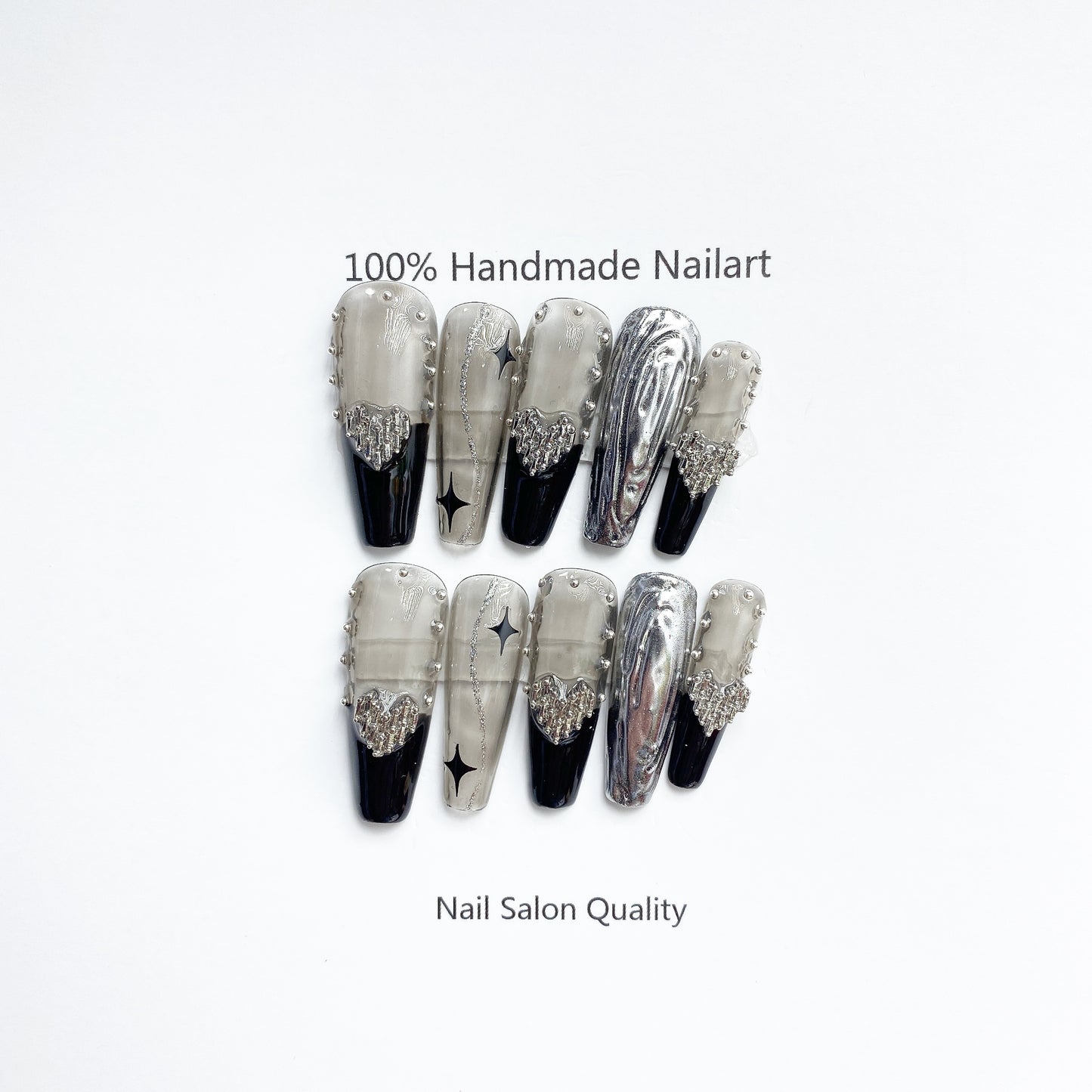 Handmade Nails Press on Nails DIY Nail Art for Woman Girl Nail Design Long Coffin Transparent Black 2023