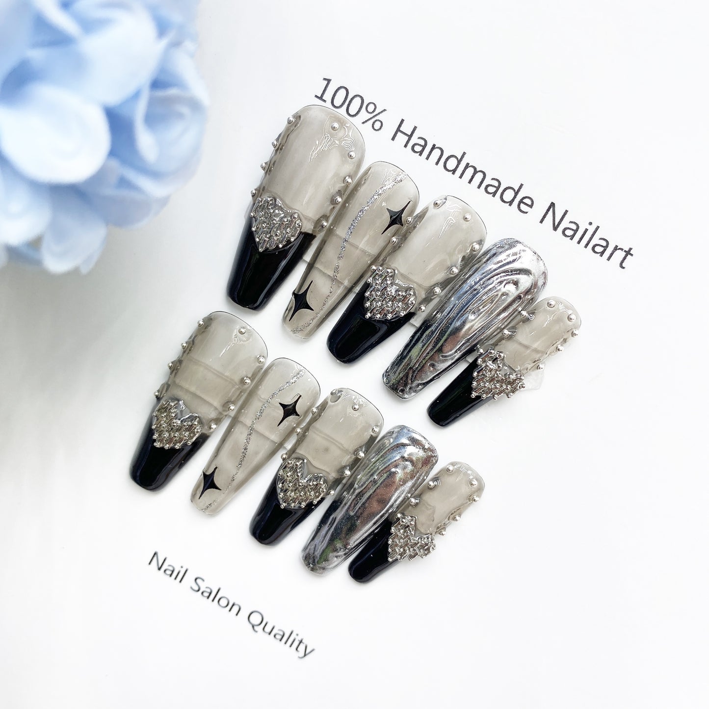Handmade Nails Press on Nails DIY Nail Art for Woman Girl Nail Design Long Coffin Transparent Black 2023