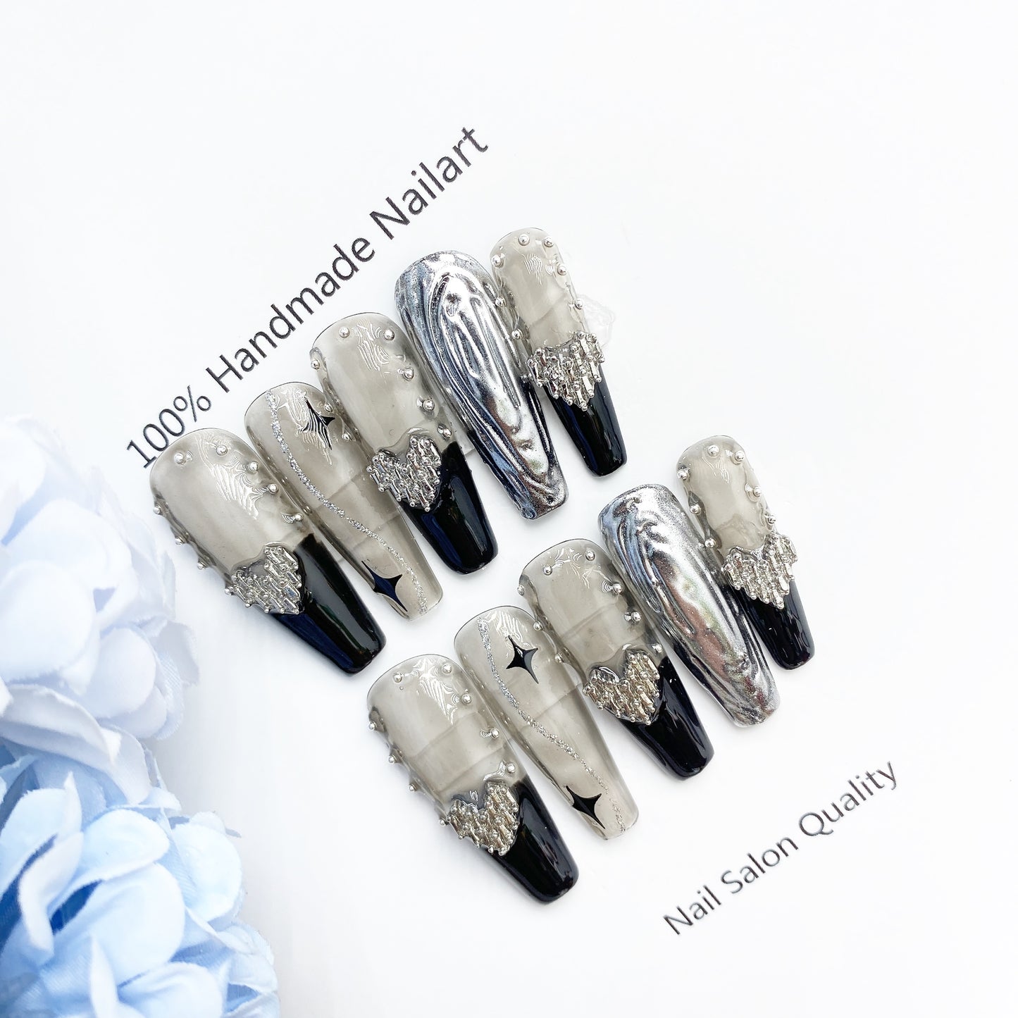 Handmade Nails Press on Nails DIY Nail Art for Woman Girl Nail Design Long Coffin Transparent Black 2023