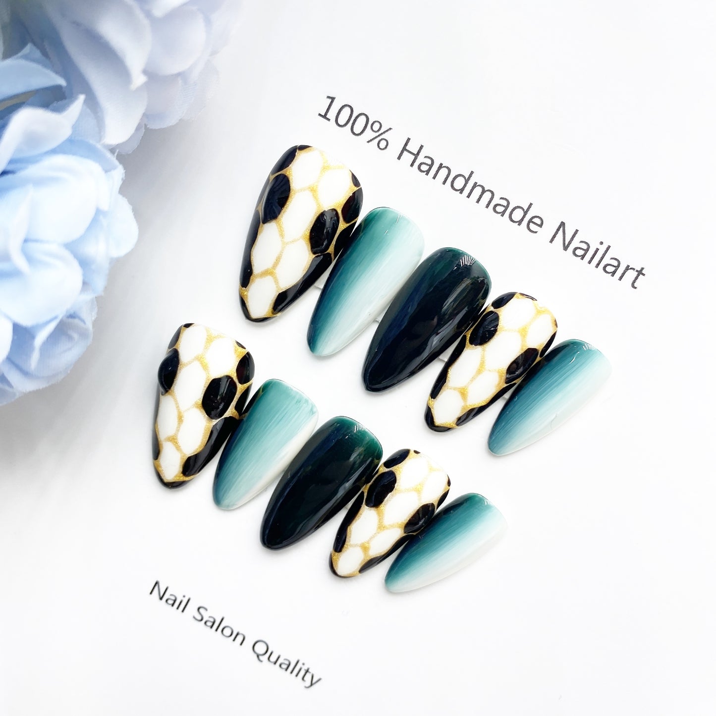 Handmade Nails Press on Nails DIY Nail Art for Woman Girl Nail Design Long Coffin Snake Blue 2023