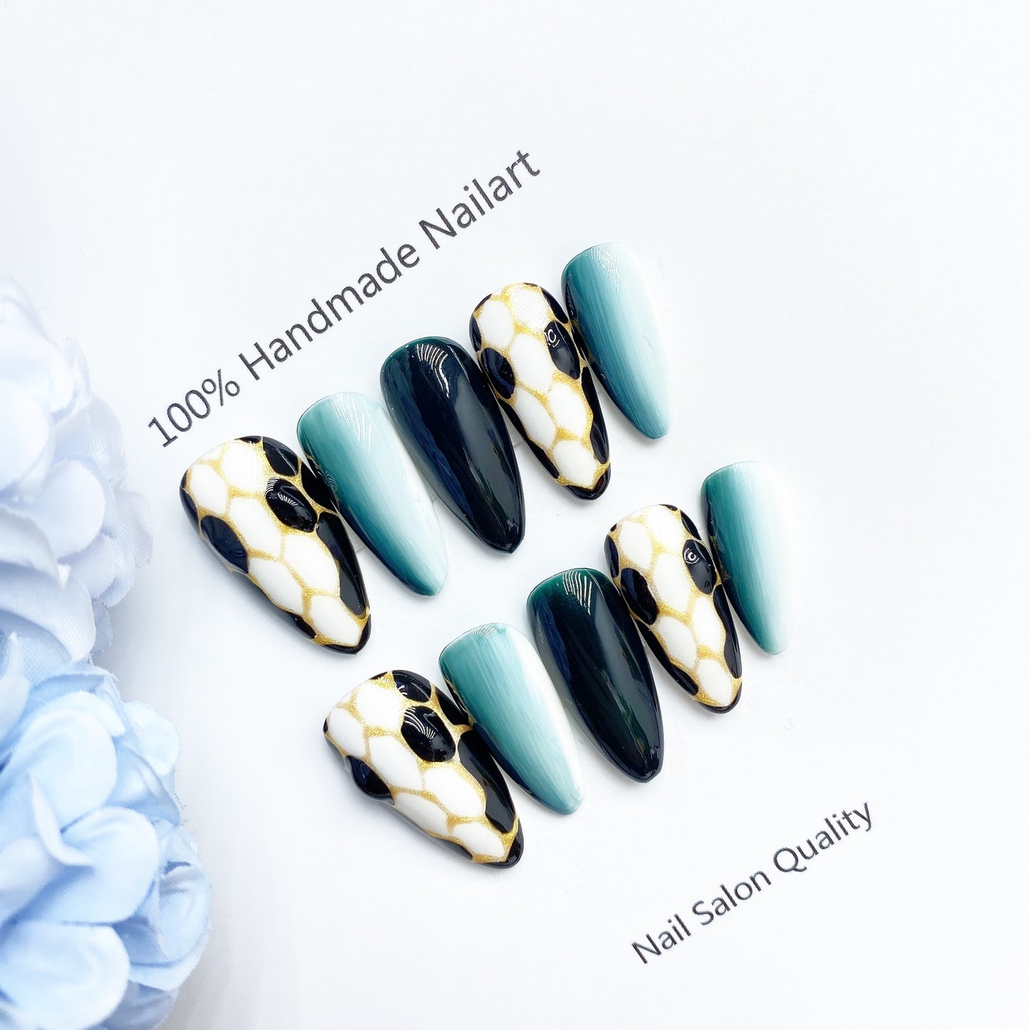 Handmade Nails Press on Nails DIY Nail Art for Woman Girl Nail Design Long Coffin Snake Blue 2023
