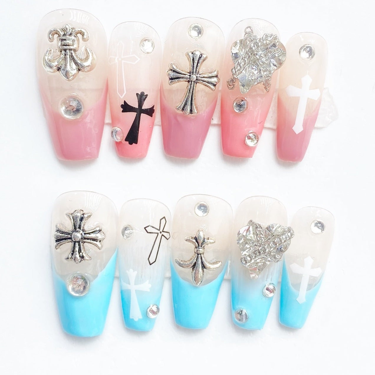 Handmade Nails Press on Nails DIY Nail Art for Woman Girl Nail Design Long Coffin Pink & Blue 2023