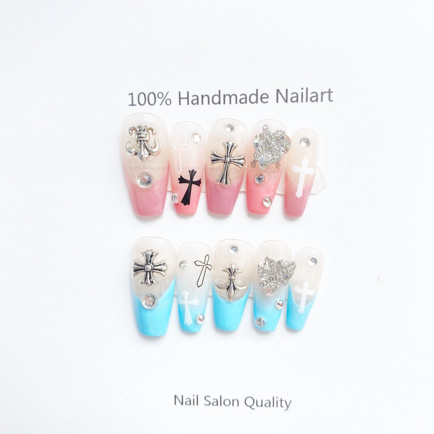 Handmade Nails Press on Nails DIY Nail Art for Woman Girl Nail Design Long Coffin Pink & Blue 2023