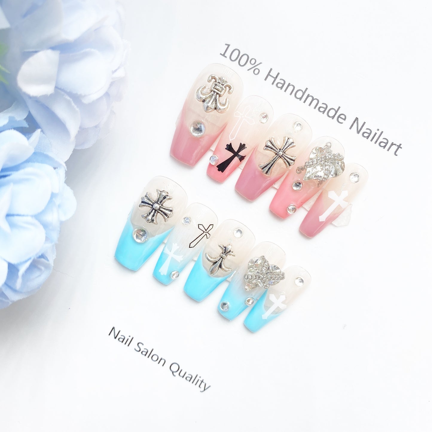 Handmade Nails Press on Nails DIY Nail Art for Woman Girl Nail Design Long Coffin Pink & Blue 2023