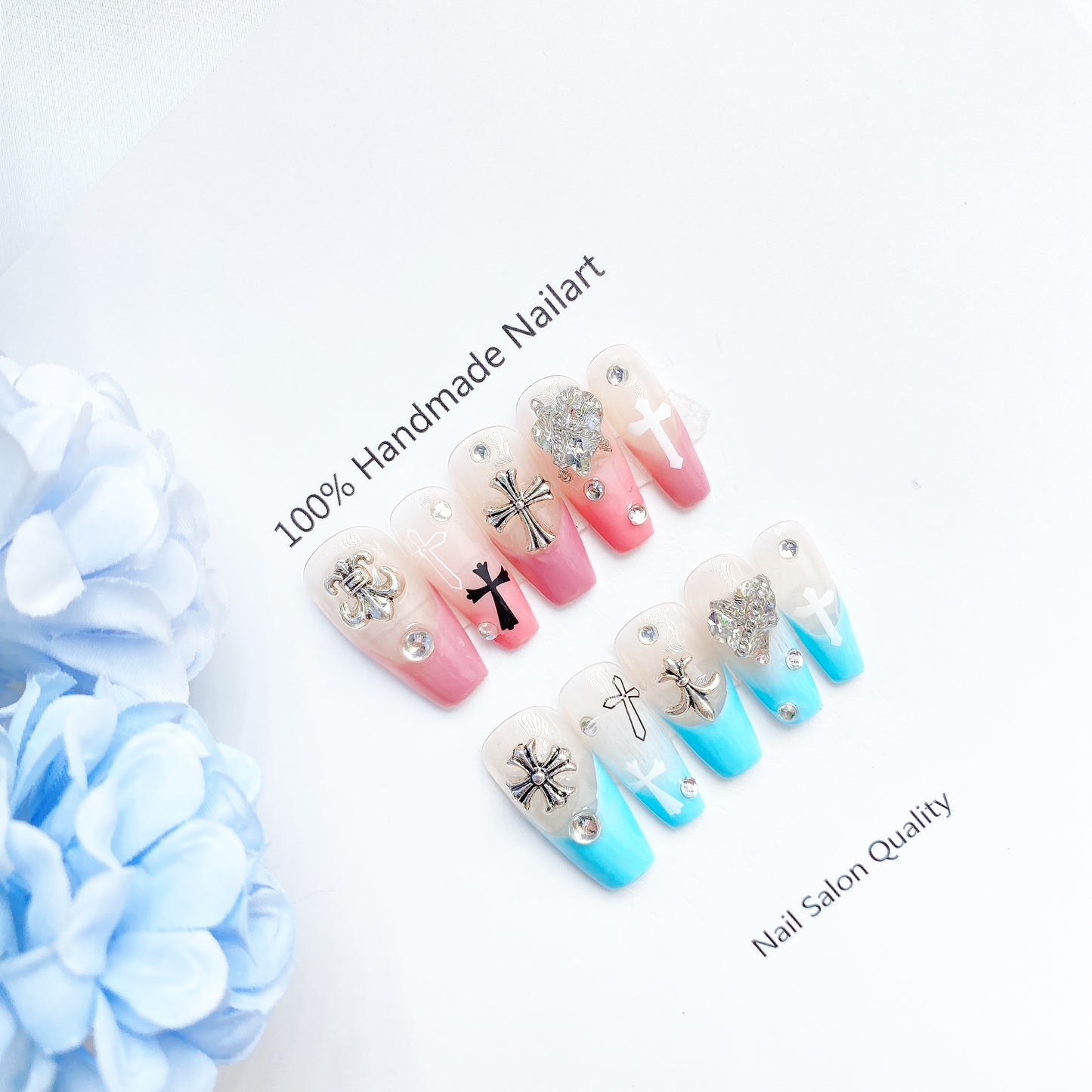 Handmade Nails Press on Nails DIY Nail Art for Woman Girl Nail Design Long Coffin Pink & Blue 2023