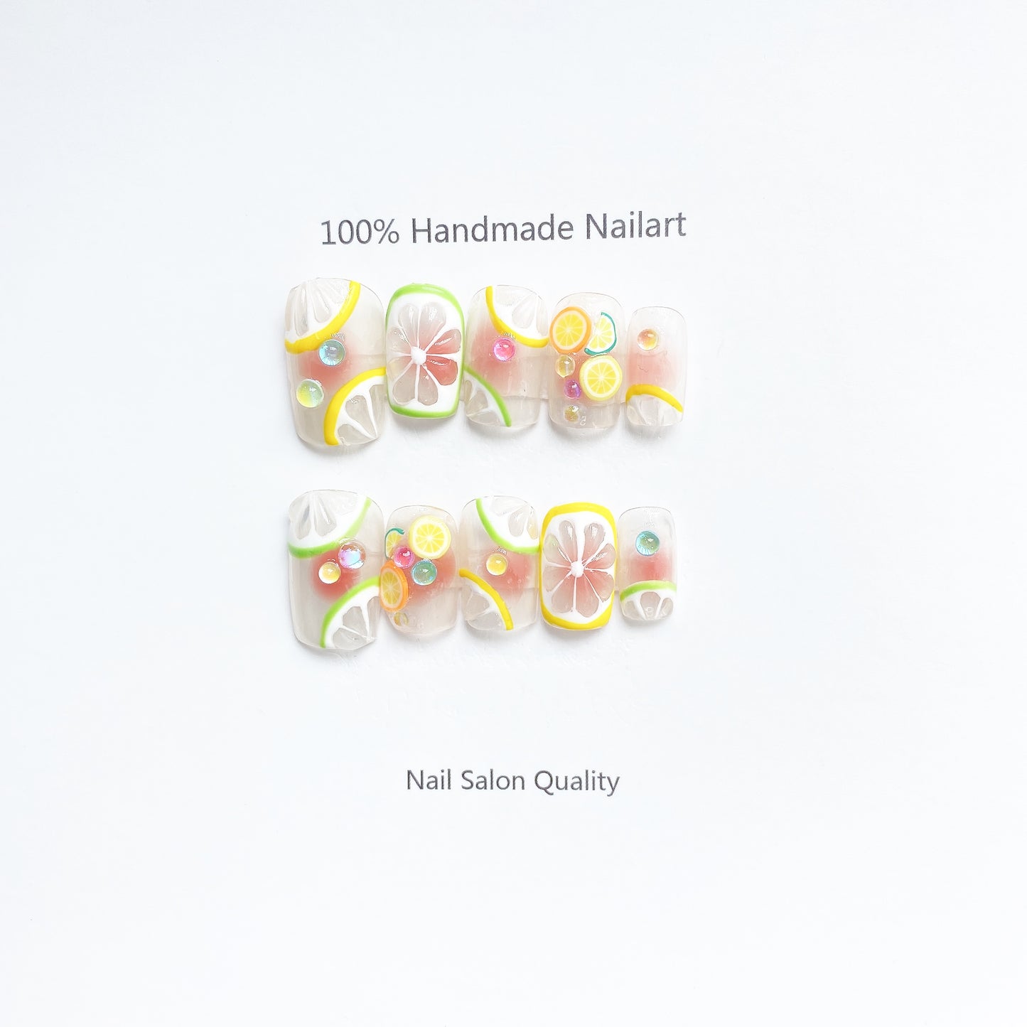 Handmade Nails Press on Nails DIY Nail Art for Woman Girl Nail Design Long Coffin Transparent Lemon 2023