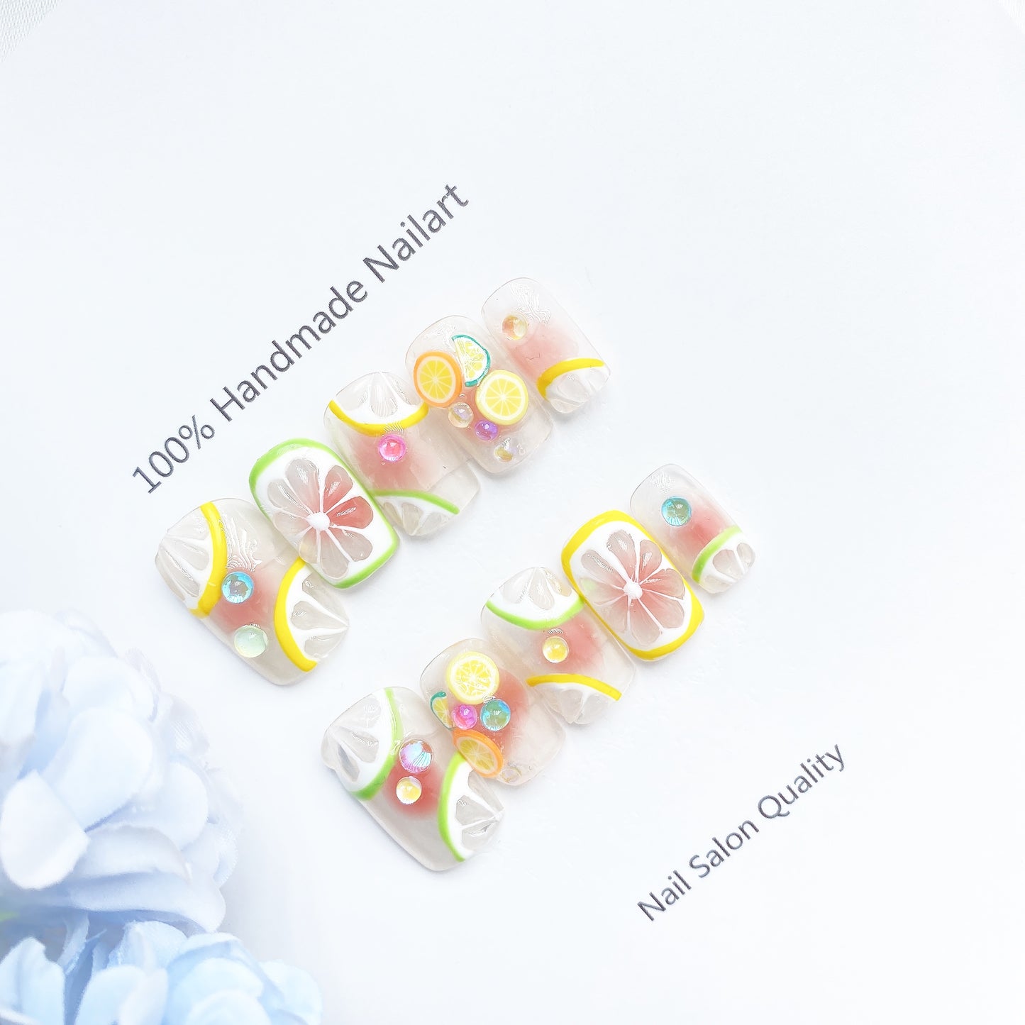Handmade Nails Press on Nails DIY Nail Art for Woman Girl Nail Design Long Coffin Transparent Lemon 2023