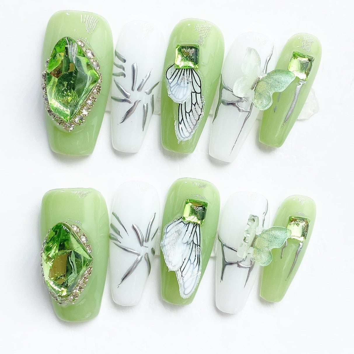 Handmade Nails Press on Nails DIY Nail Art for Woman Girl Nail Design Long Coffin Green 2023