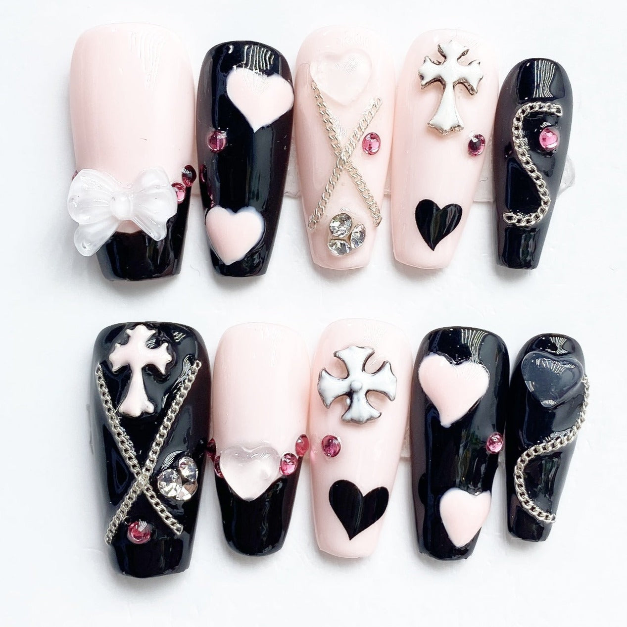 Handmade Nails Press on Nails DIY Nail Art for Woman Girl Nail Design Long Coffin Black Pink 2023